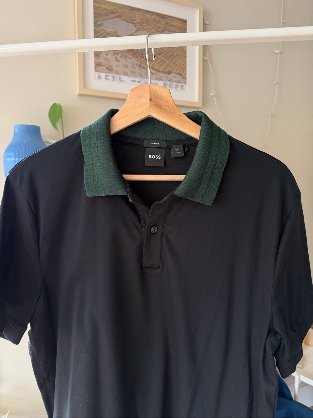 BOSS Men's Black Polo Shirt with Dark Green Collar Size Large Slim Fit